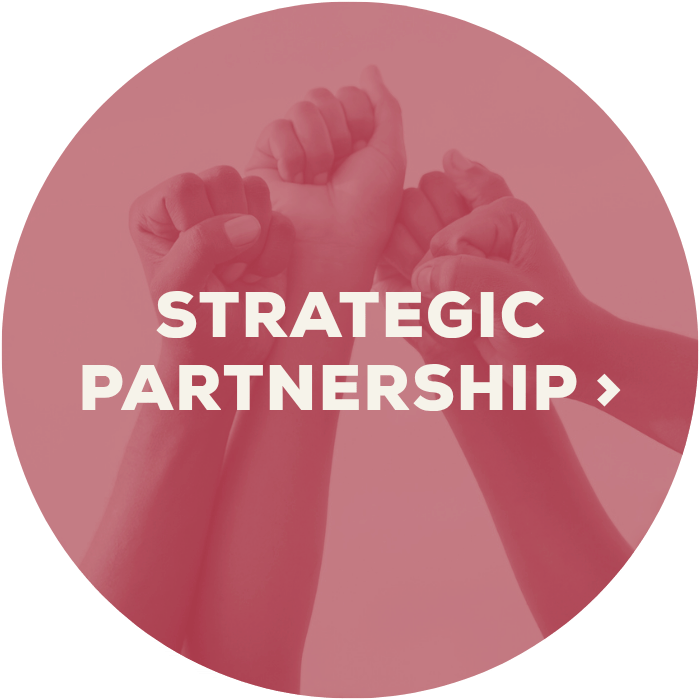 fists in the air in a huddle with Strategic Partnership title